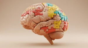 An illustration of a human brain made of colorful jigsaw puzzle pieces, symbolizing brain activity and mental improvement.