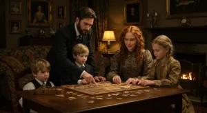 A family in the 1800s playing with handmade wooden jigsaw puzzles.